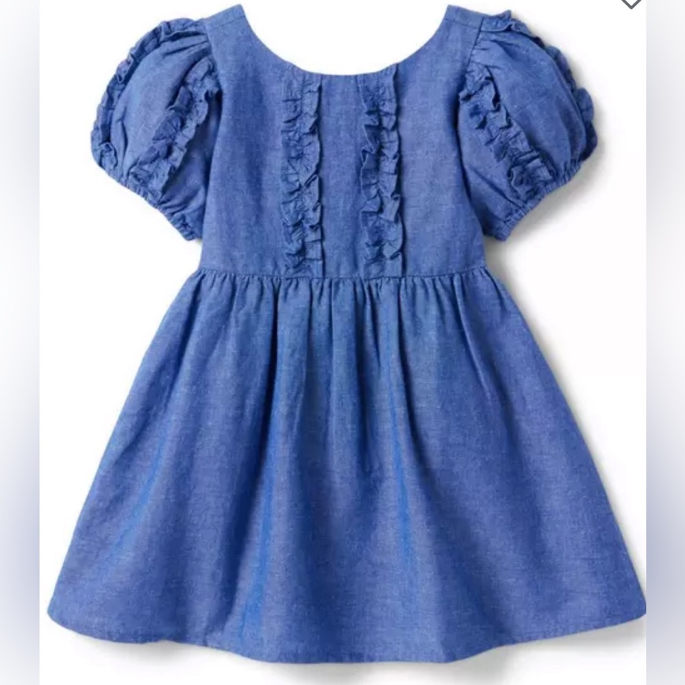 Janie & Jack Baby Girl 18-24mo Puff Sleeve Ruffle Linen-Canvas Dress in Indigo